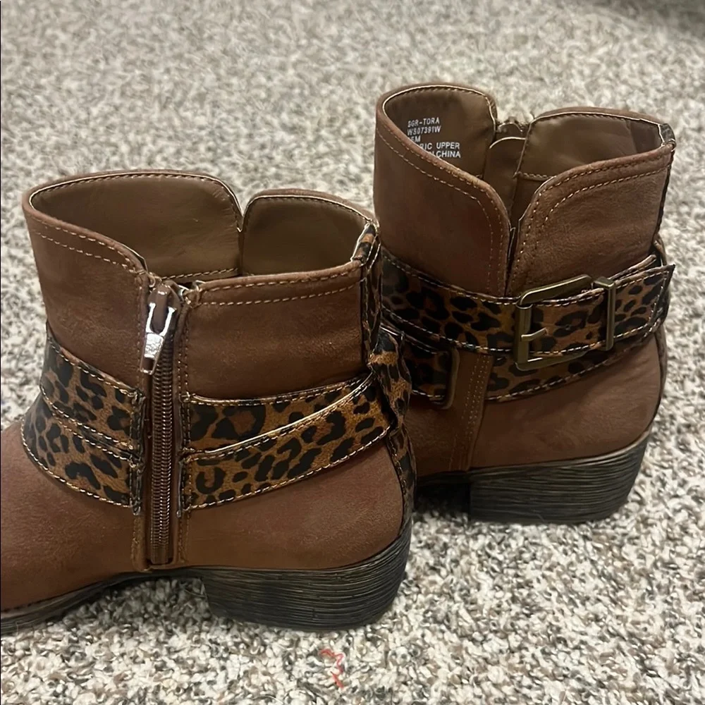 Sugar Brown & Leopard Ankle Boots with Sturdy Sole